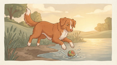 Red Nova Scotia Duck Tolling Retriever playing at a lakeshore