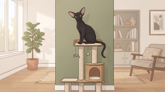 Black Oriental Shorthair cat perched on a cat tree
