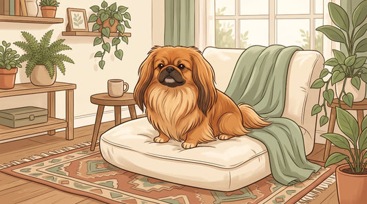 Red-gold Pekingese sitting on a velvet cushion