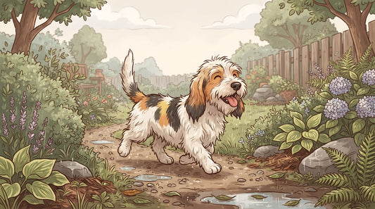 Tousled white and tricolor PBGV trotting through a damp garden