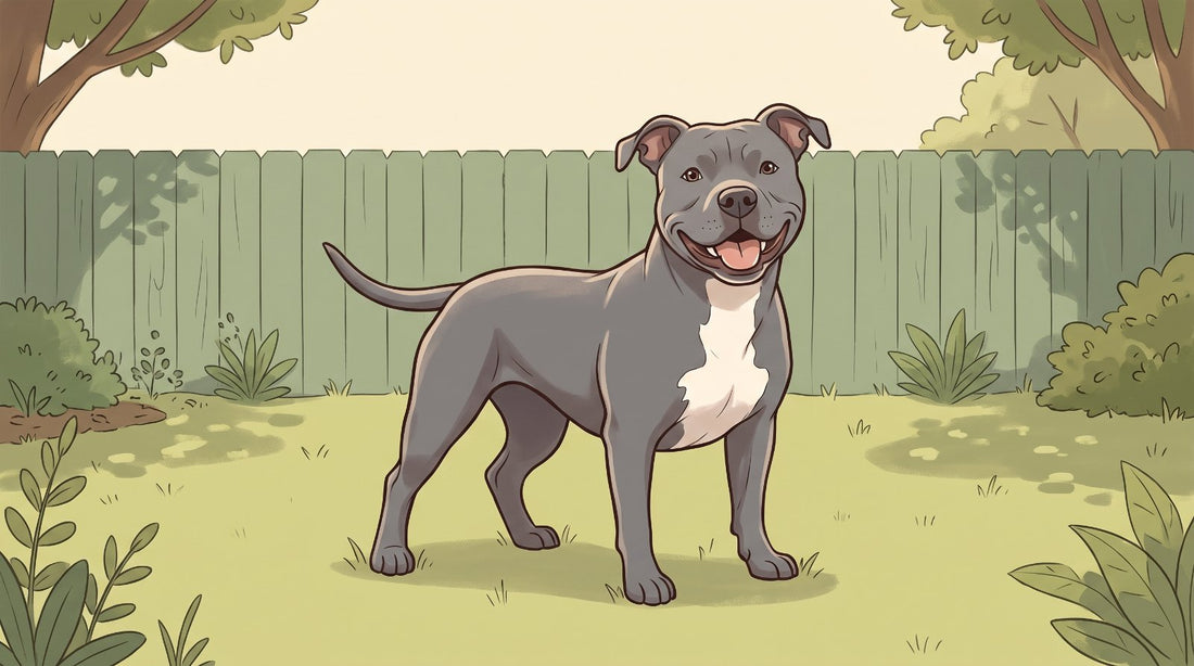 Blue-gray Pit Bull smiling in a sunny backyard