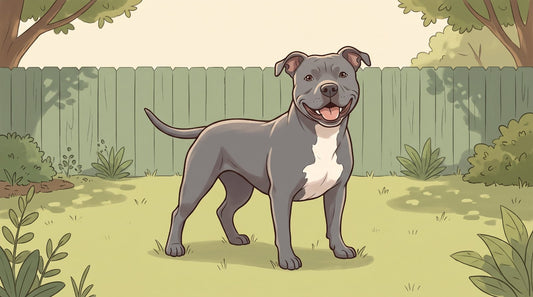Blue-gray Pit Bull smiling in a sunny backyard
