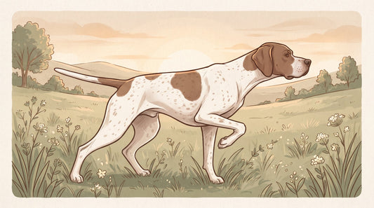 Liver and white Pointer on point in a field