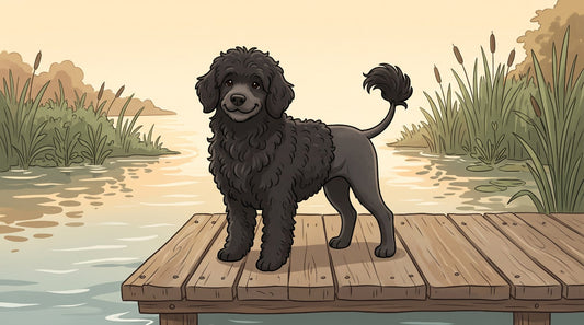 Black curly Portuguese Water Dog in a lion clip on a dock