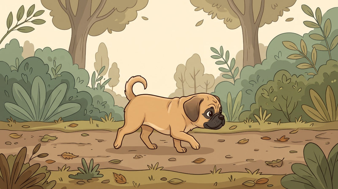 Fawn Puggle sniffing along a park path