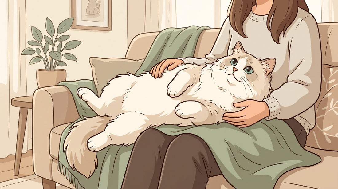 Cream and white Ragamuffin cat relaxing on its owner's lap