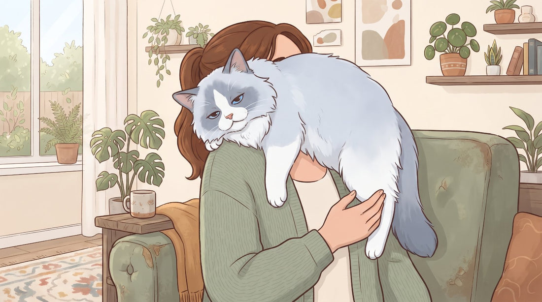 Blue bicolor Ragdoll cat relaxing over its owner's shoulder