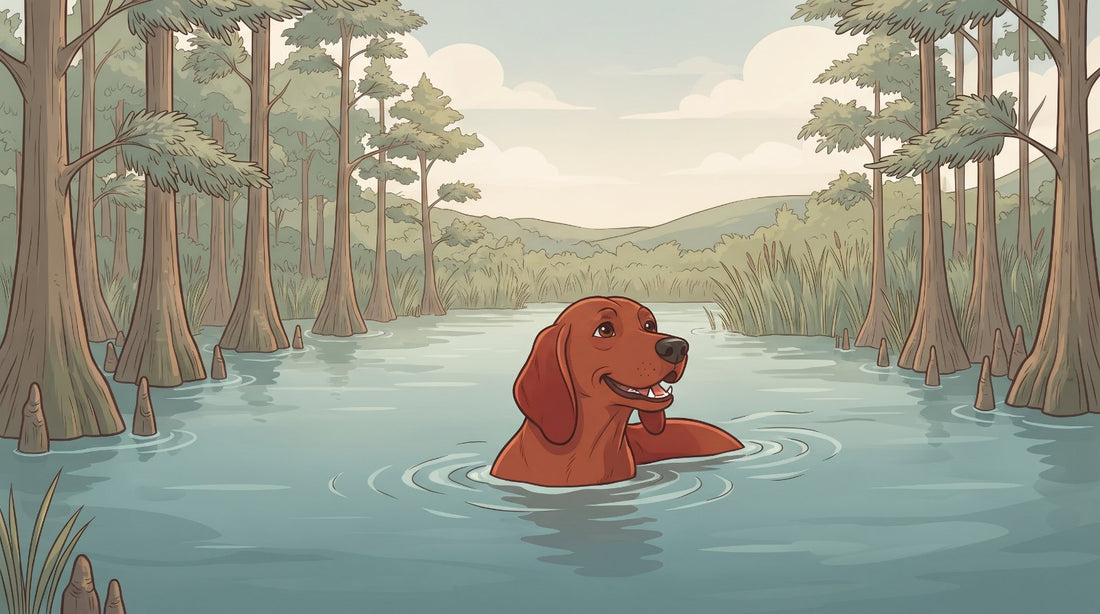 Red Redbone Coonhound swimming across a creek