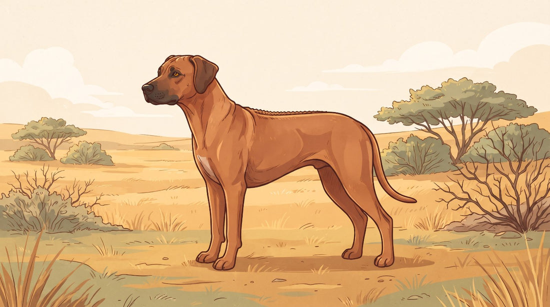 Red wheaten Rhodesian Ridgeback standing in golden grassland