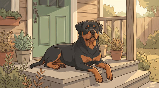 Rottweiler with triangular drop ears resting on a porch step