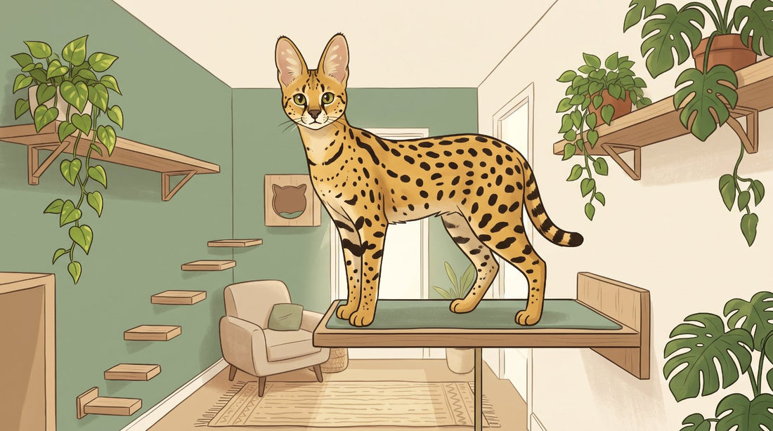 Spotted Savannah cat standing on a wall-mounted cat shelf