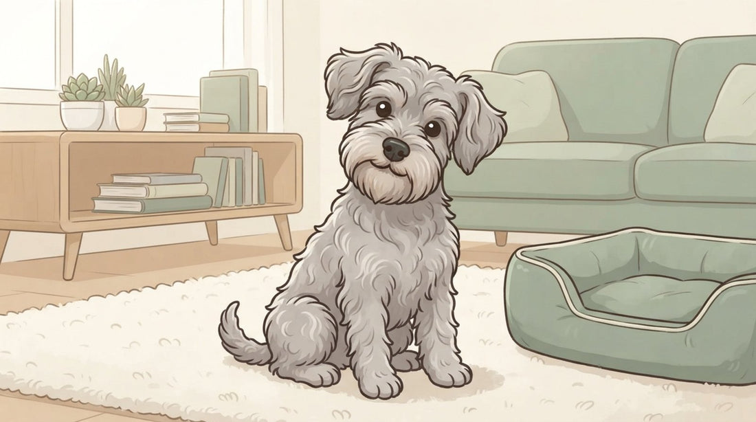 Silver-gray Schnoodle sitting on a living room rug
