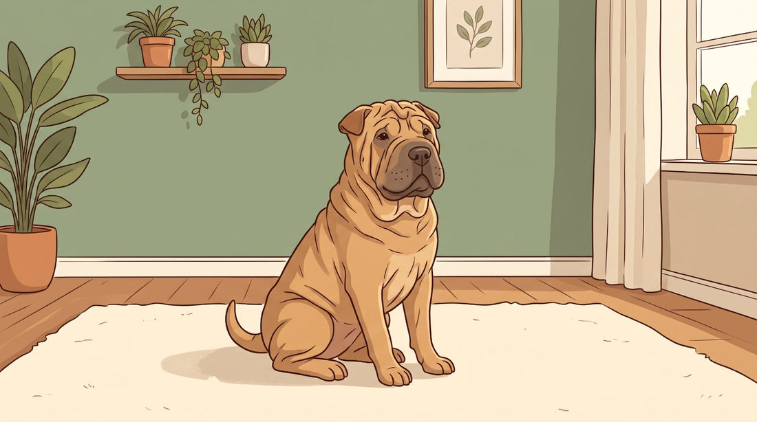 Fawn Shar-Pei with small folded ears sitting on a rug