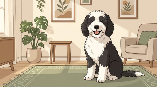 Black-and-white Sheepadoodle sitting in a living room