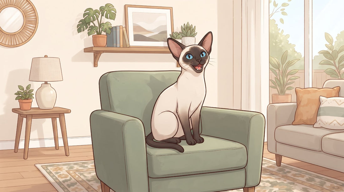 Seal point Siamese cat meowing on an armchair