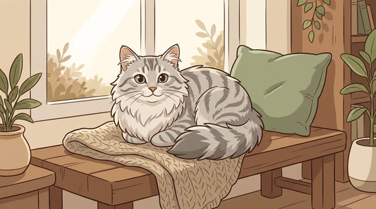 Silver tabby Siberian cat curled up on a bench