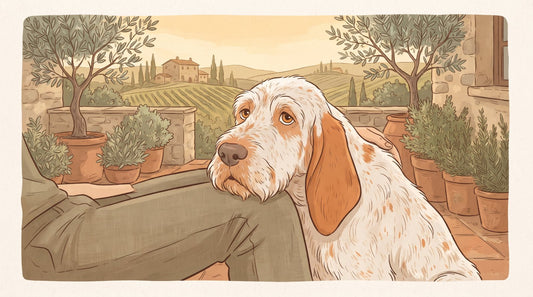 White and orange roan Spinone Italiano resting its head on a knee