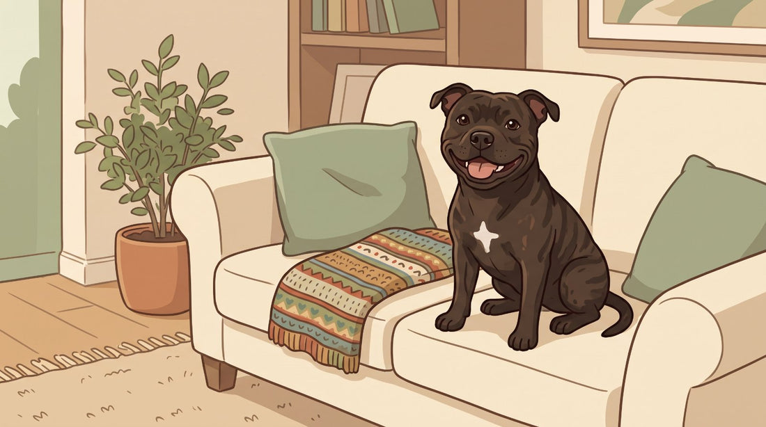Brindle Staffordshire Bull Terrier smiling on a family sofa