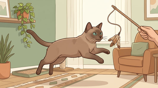 Tonkinese cat leaping after a feather toy