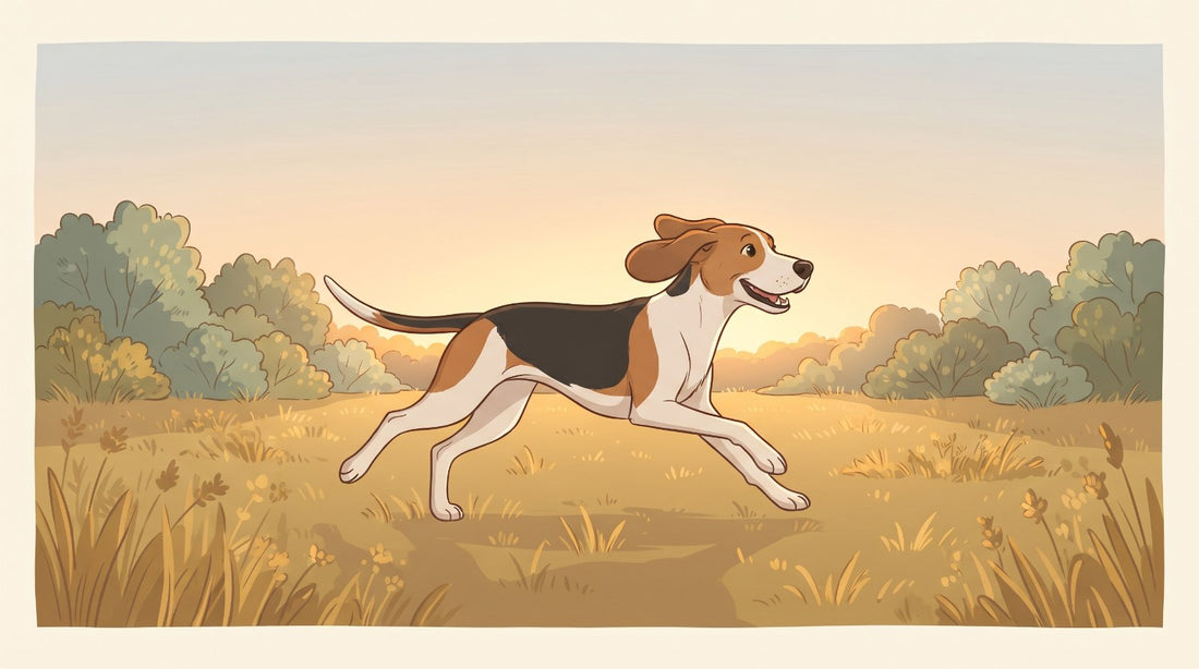 Tricolor Treeing Walker Coonhound running across a field at golden hour