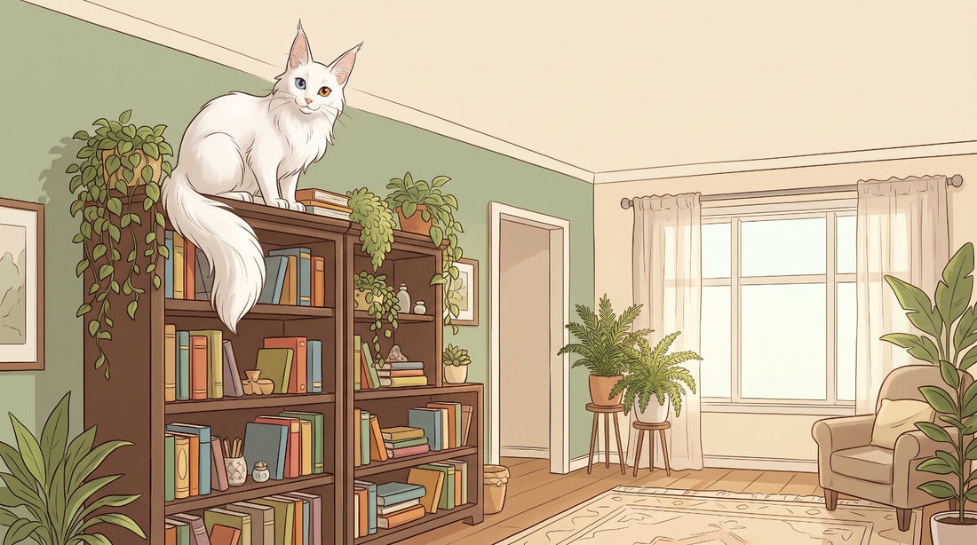 White Turkish Angora cat with odd-colored eyes perched on a bookcase