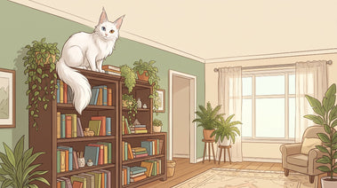 White Turkish Angora cat with odd-colored eyes perched on a bookcase