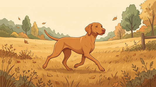 Golden rust Vizsla trotting through a field
