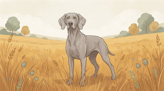 Silver-gray Weimaraner with long drop ears in a field