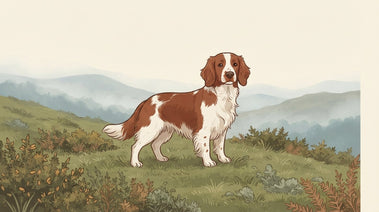 Red and white Welsh Springer Spaniel on a Welsh hillside