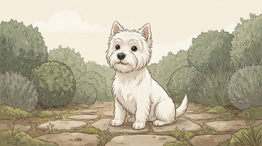 White West Highland White Terrier with upright ears on a garden path