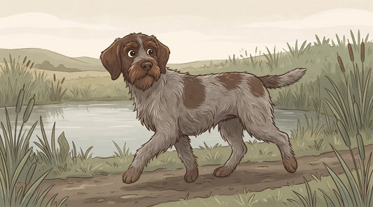 Gray and brown Wirehaired Pointing Griffon trotting through a wet meadow