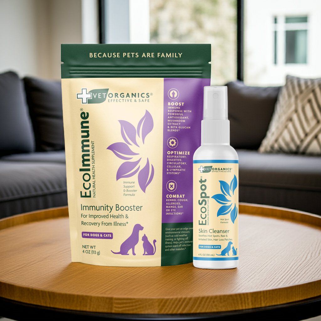Two pet care products on a wooden table with a blurred background of a living room.