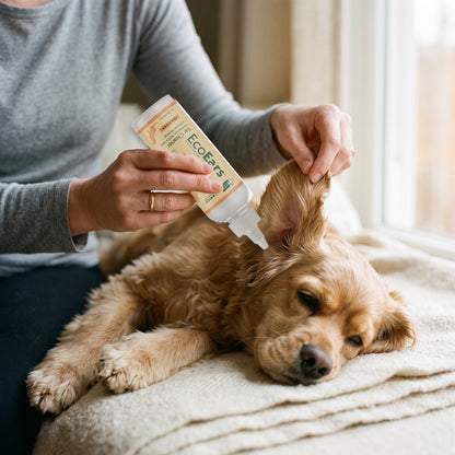 Hand applying EcoEars Dogs Ear Cleaner 4 oz pointed-tip bottle into a cocker spaniel's ear