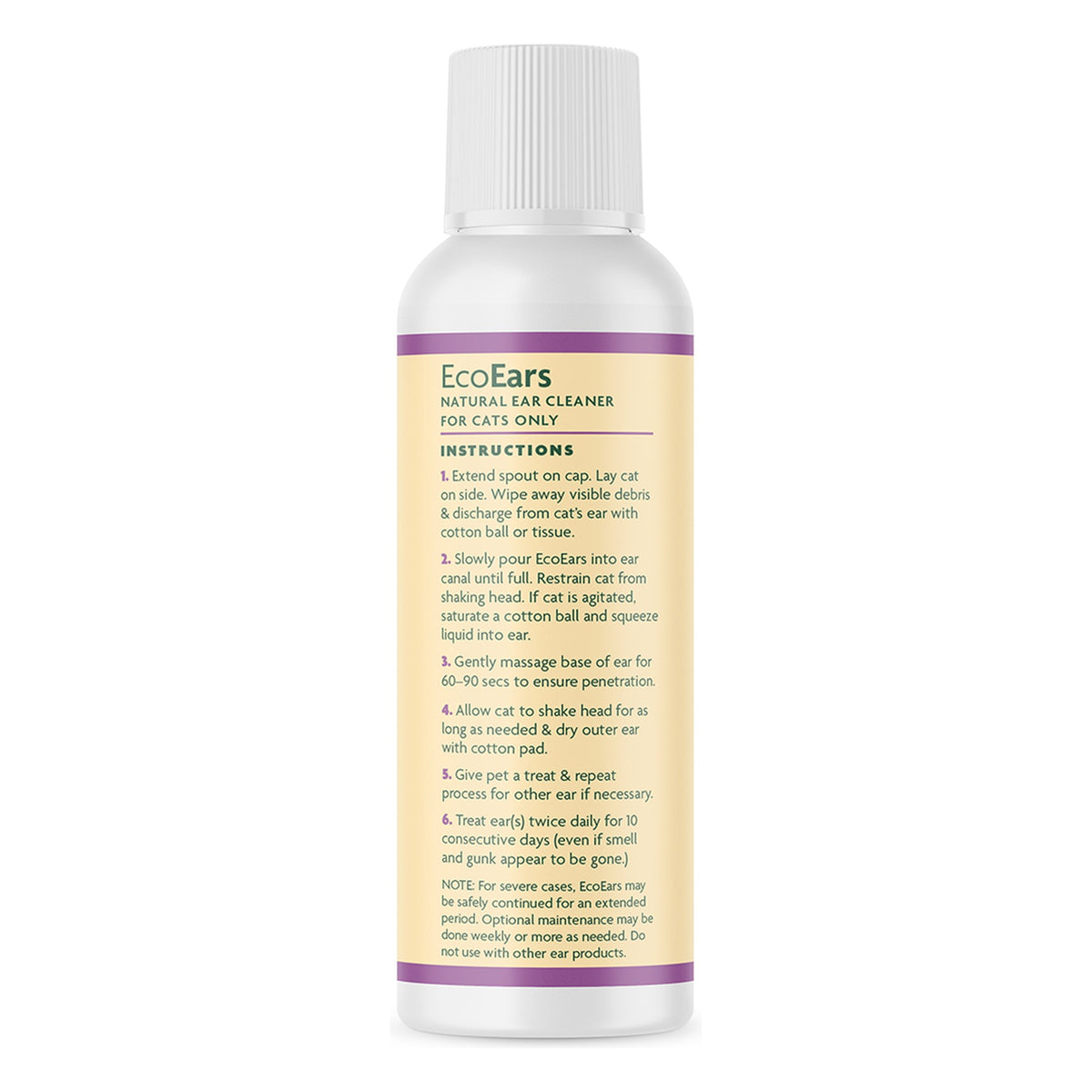 EcoEars Cat Ear Cleaner 4 oz bottle, label with directions for use