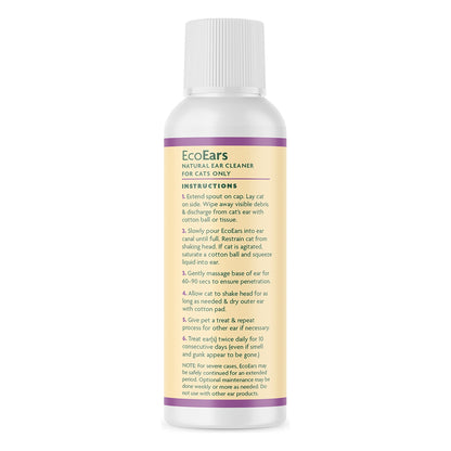 EcoEars Cat Ear Cleaner 4 oz bottle, label with directions for use