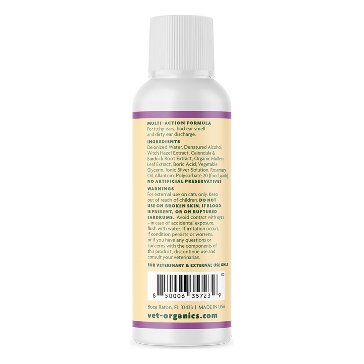 EcoEars Cat Ear Cleaner 4 oz bottle, back label with ingredients and warnings