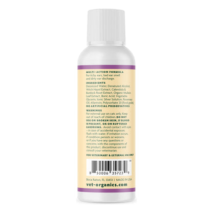 EcoEars Cat Ear Cleaner 4 oz bottle, back label with ingredients and warnings
