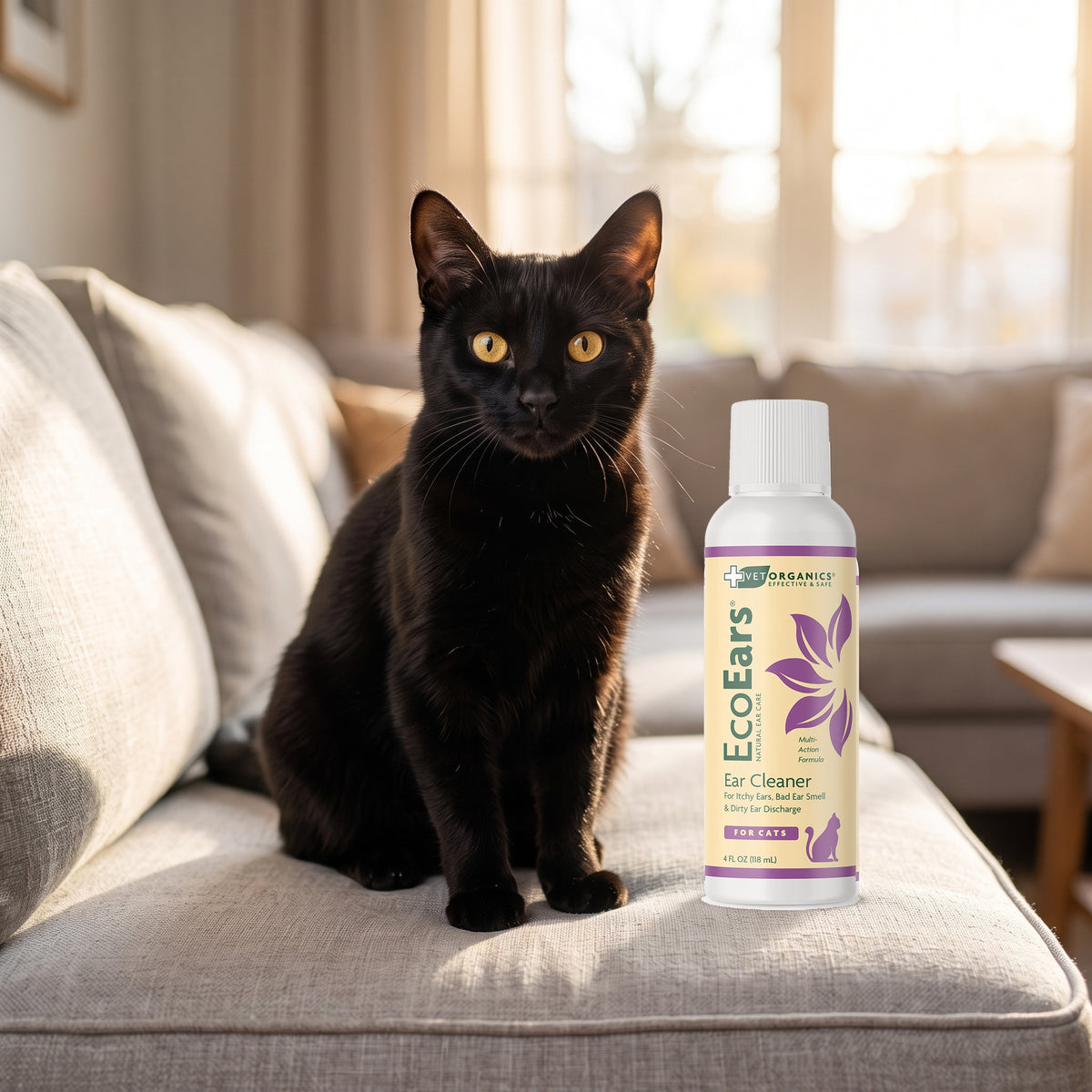 Black cat on a sofa next to a bottle of EcoEars Cat Ear Cleaner