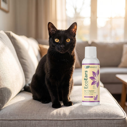 Black cat on a sofa next to a bottle of EcoEars Cat Ear Cleaner