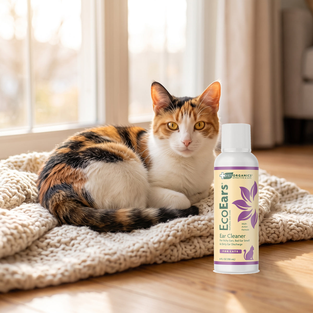 Calico cat on a knit throw next to a bottle of EcoEars Cat Ear Cleaner