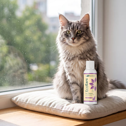 Maine Coon cat on a windowsill next to a bottle of EcoEars Cat Ear Cleaner