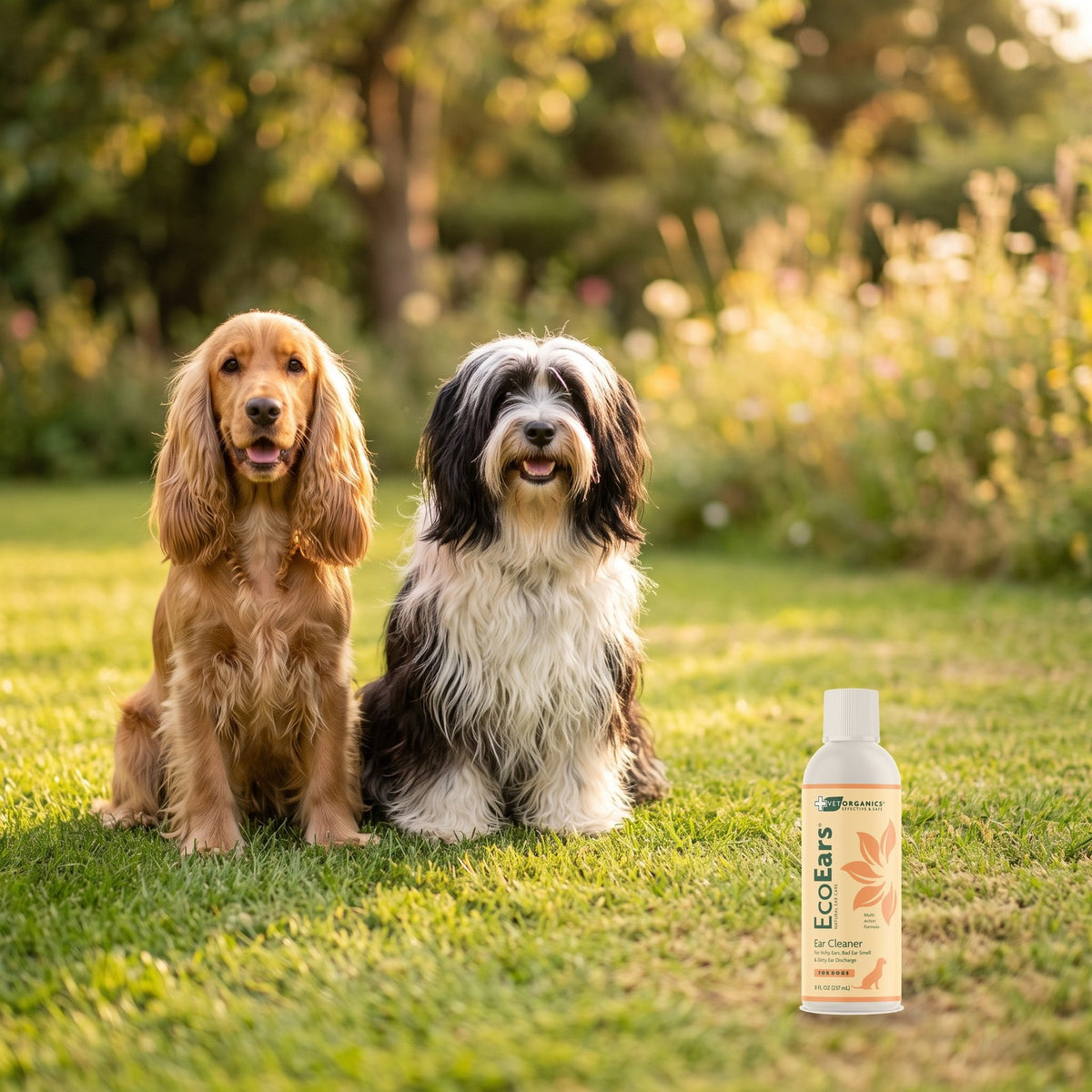 Cocker spaniel and Tibetan terrier sitting in a garden next to EcoEars Dog Ear Cleaner 8 oz