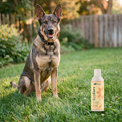 Shepherd mix dog on a backyard lawn with EcoEars Dog Ear Cleaner 8 oz