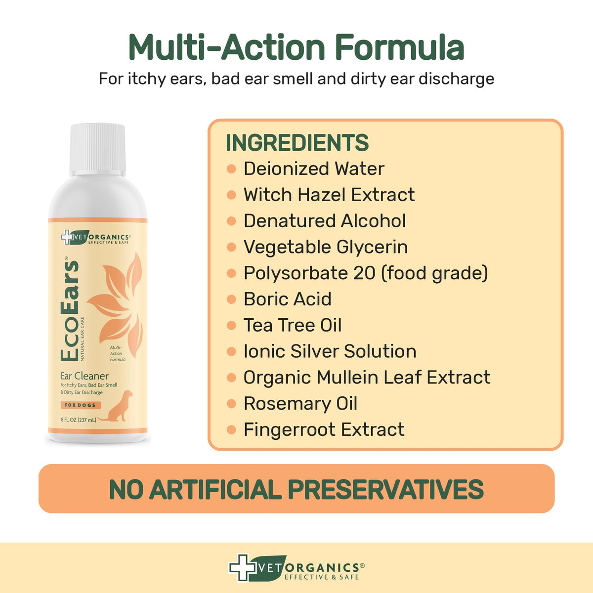 EcoEars ingredients: witch hazel, tea tree oil, boric acid, ionic silver and more. No artificial preservatives