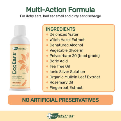 EcoEars ingredients: witch hazel, tea tree oil, boric acid, ionic silver and more. No artificial preservatives