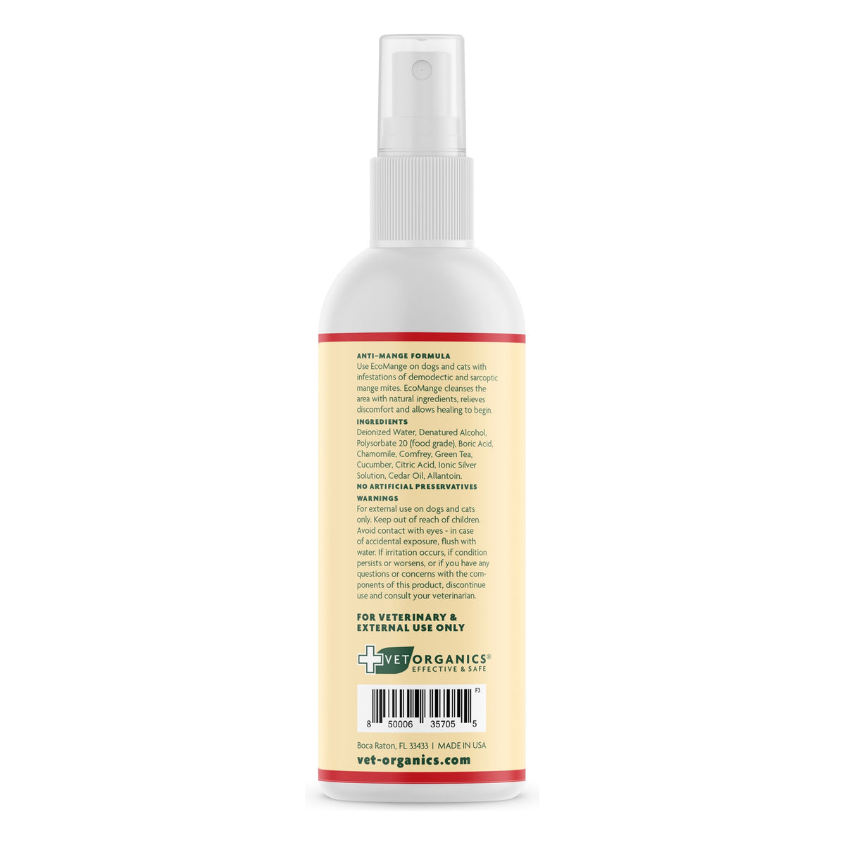EcoMange 8 oz bottle, back label with ingredients and warnings