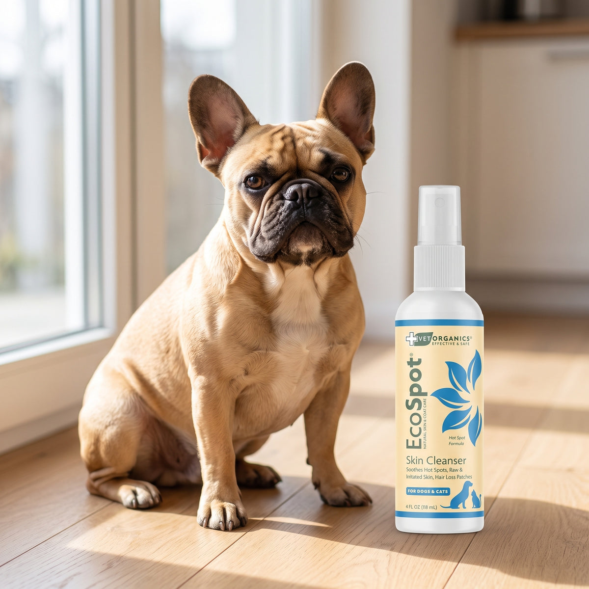 French bulldog by a sunny kitchen window next to EcoSpot hot spot spray, 4 oz