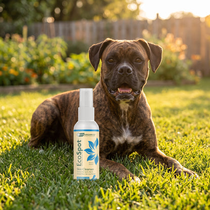 Brindle boxer lying on backyard grass next to EcoSpot hot spot spray, 4 oz