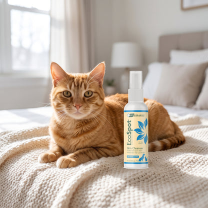 Orange tabby cat on a bed next to EcoSpot hot spot spray for dogs and cats, 4 oz