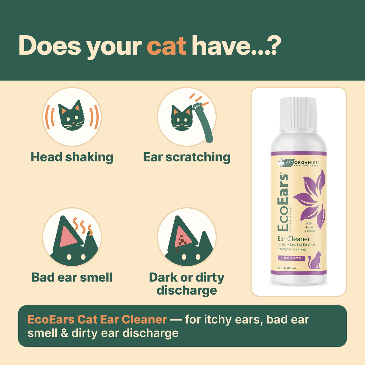 Does your cat have head shaking, ear scratching, bad ear smell or dark discharge? EcoEars Cat Ear Cleaner